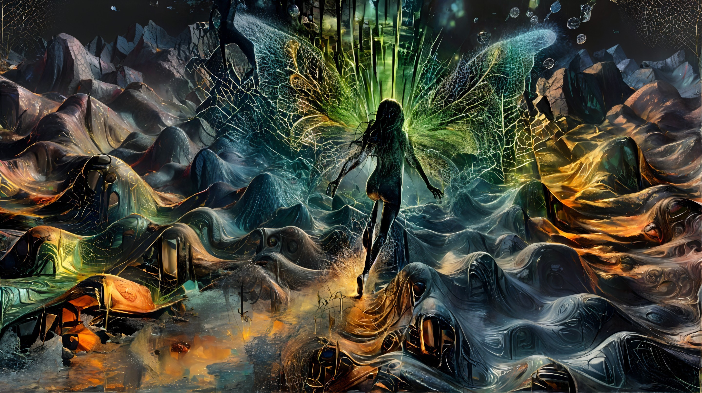 Surreal landscape with glowing figure and mystical elements