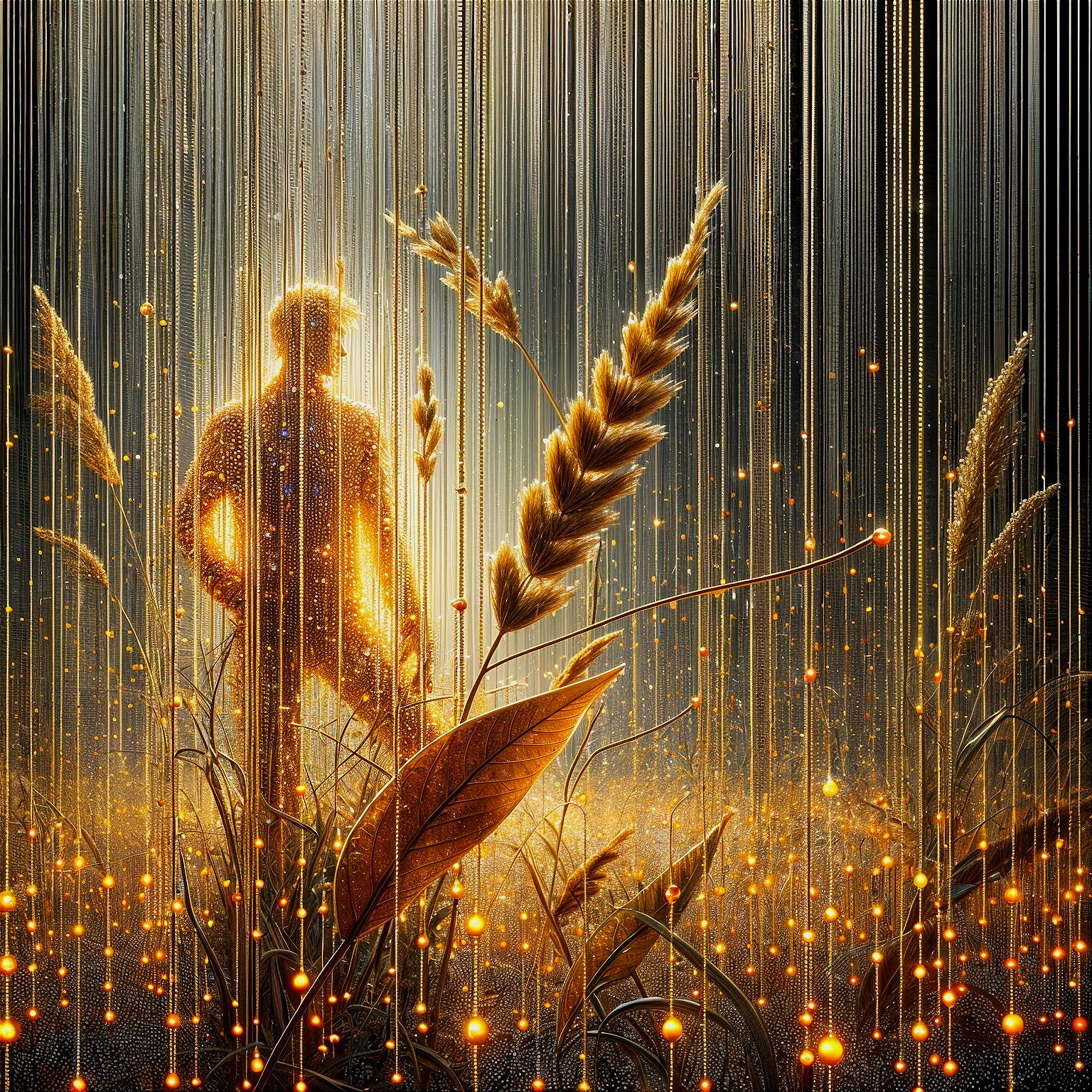 Silhouette Among Cascading Golden Threads of Light