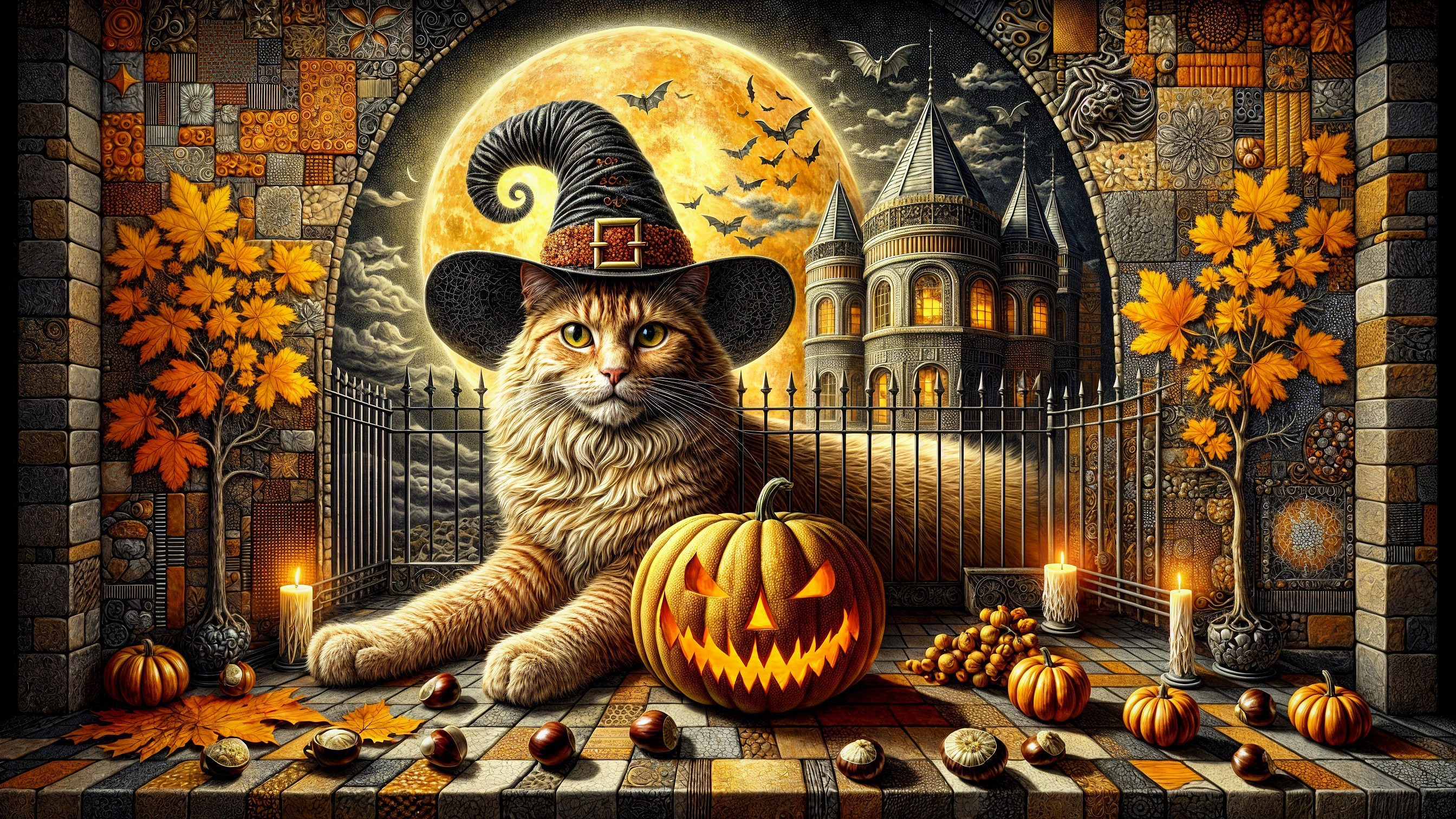 Whimsical Halloween Scene with Cat and Pumpkin