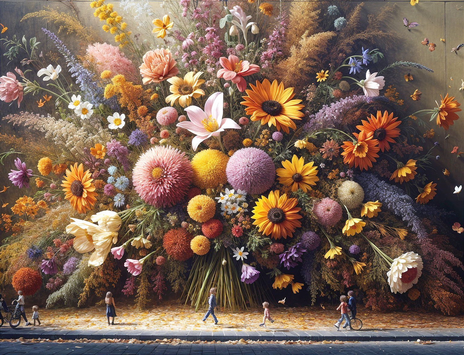 Oversized Floral Mural with Colorful Blooms and Pathway
