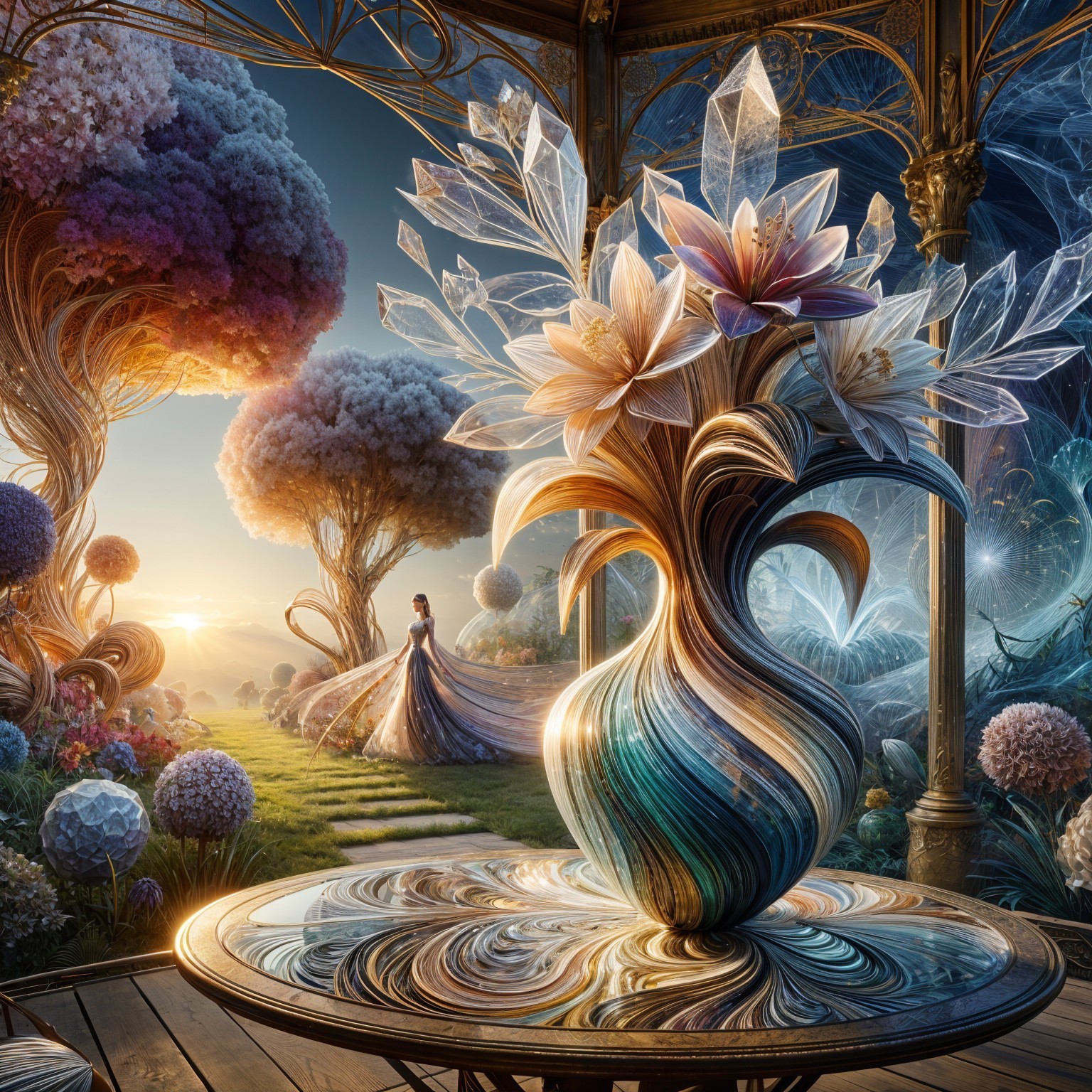 Graceful Figure in Vibrant Garden at Sunrise
