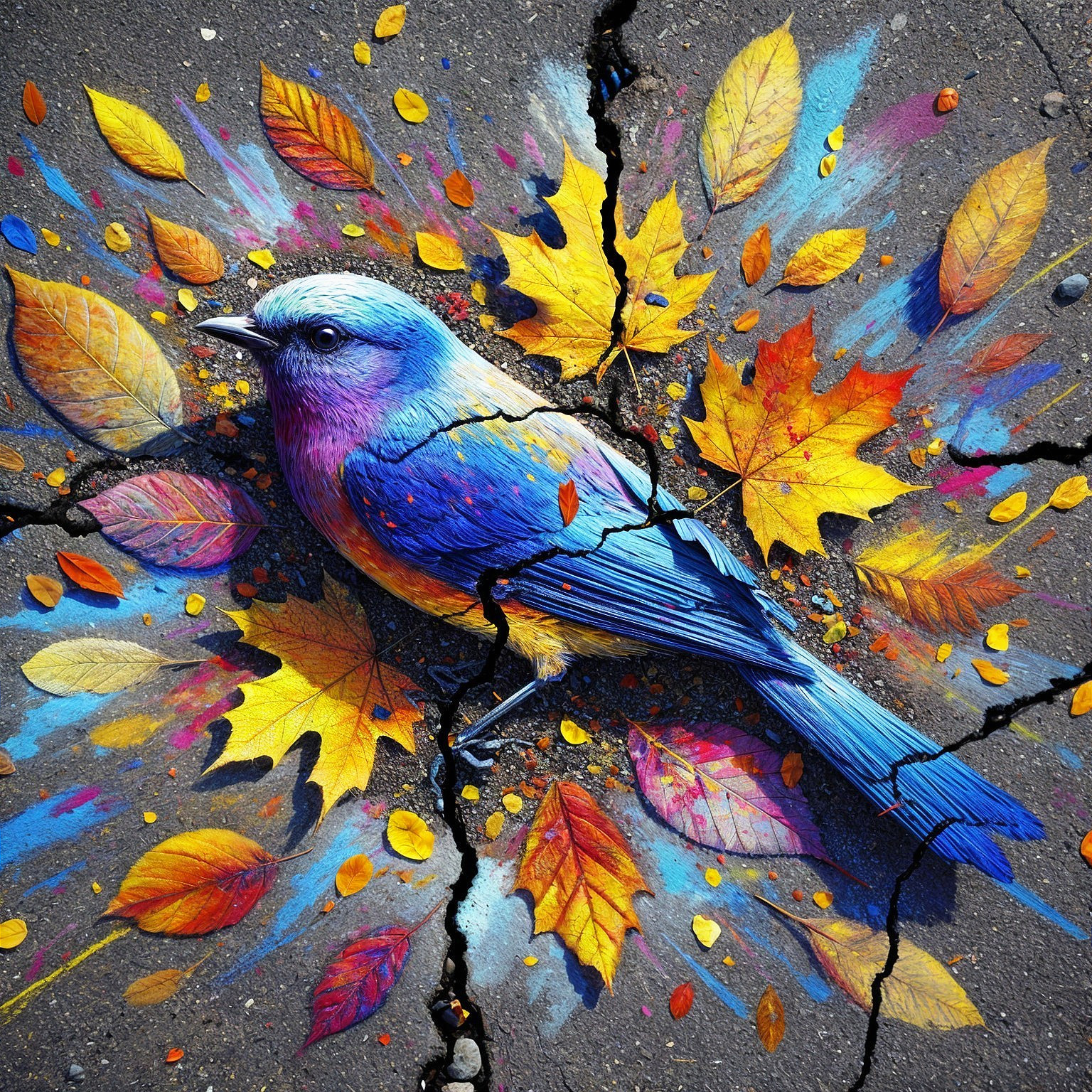 Bluebird and Autumn Leaves on Cracked Pavement