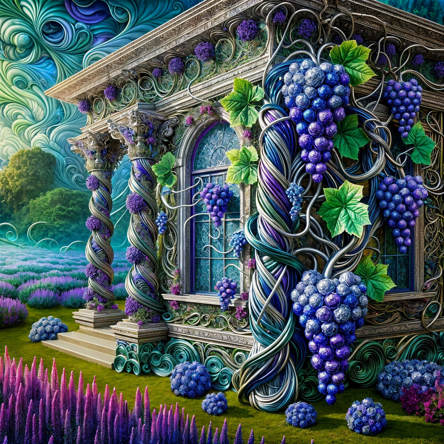 Fantastical Structure with Columns and Grape Vines