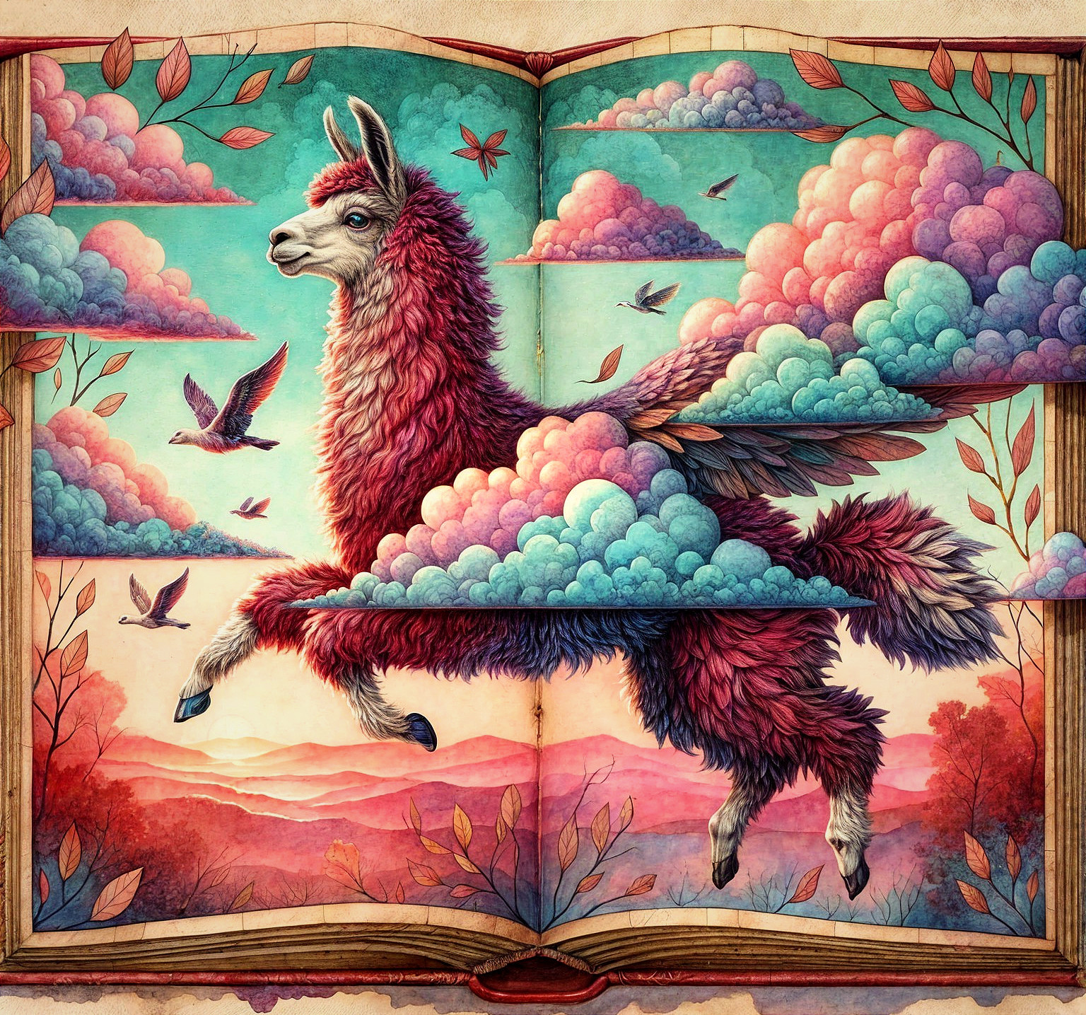 Surreal Illustration of a Llama in a Dreamlike Landscape
