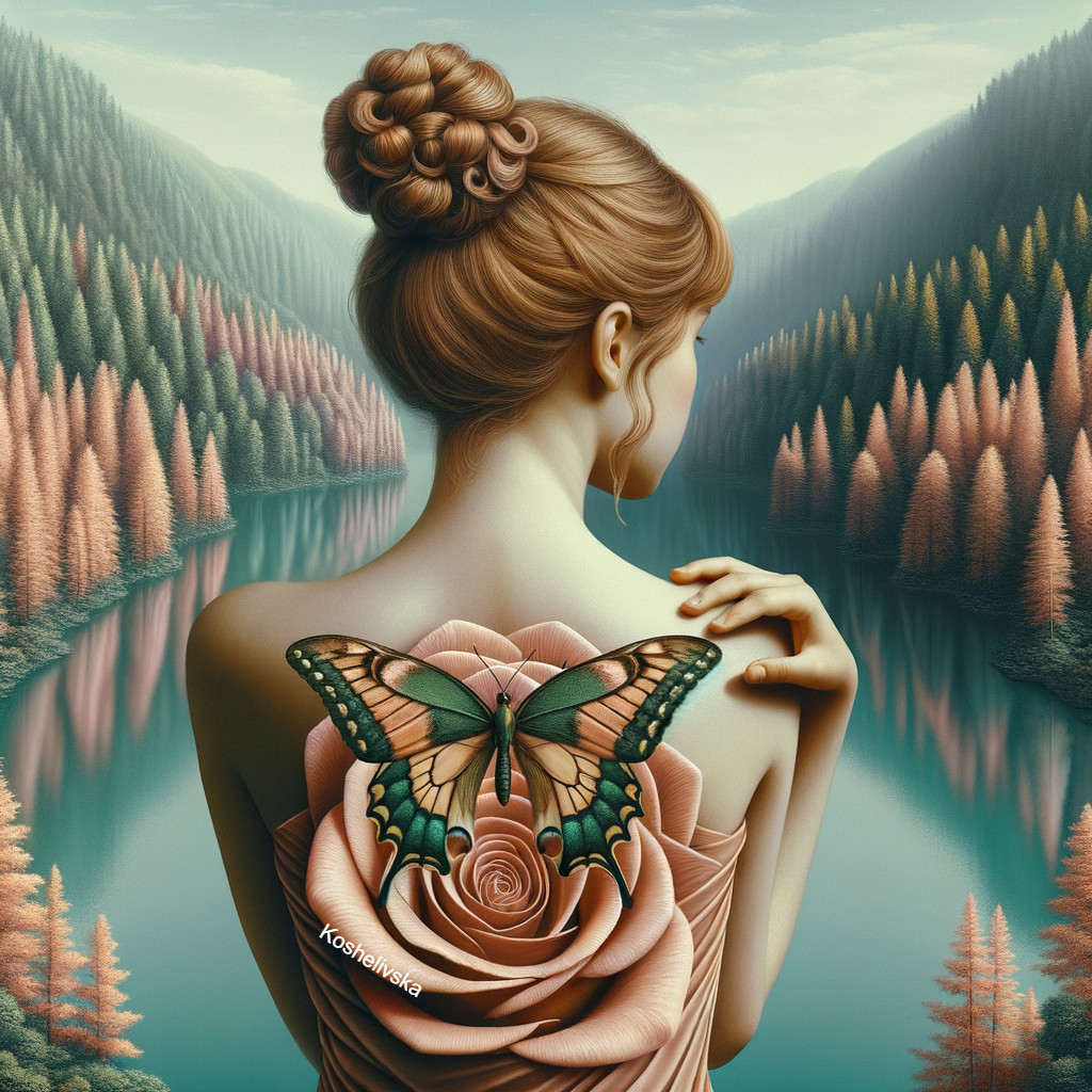 Serene scene of a woman with butterfly tattoo by lake