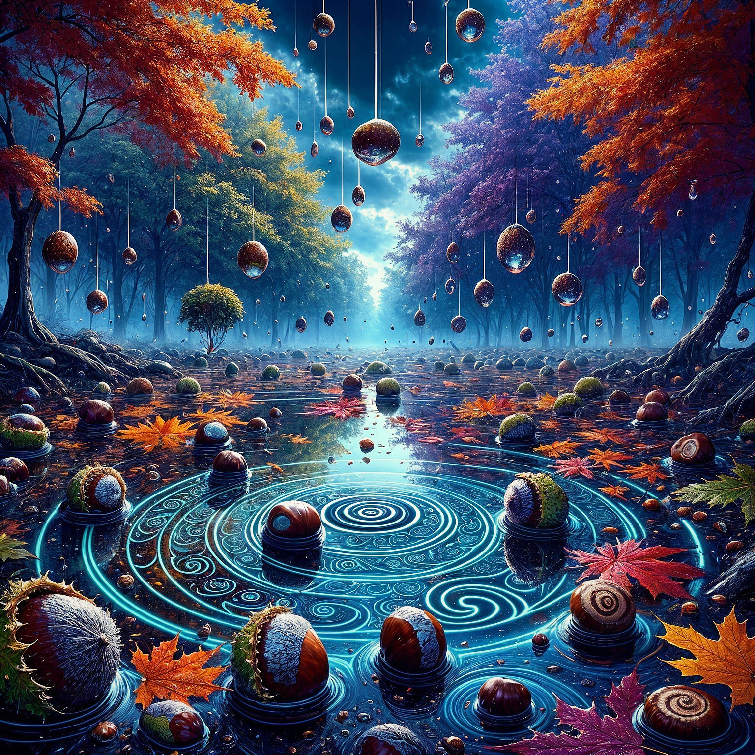 Serene Autumn Forest with Vibrant Colors and Mist