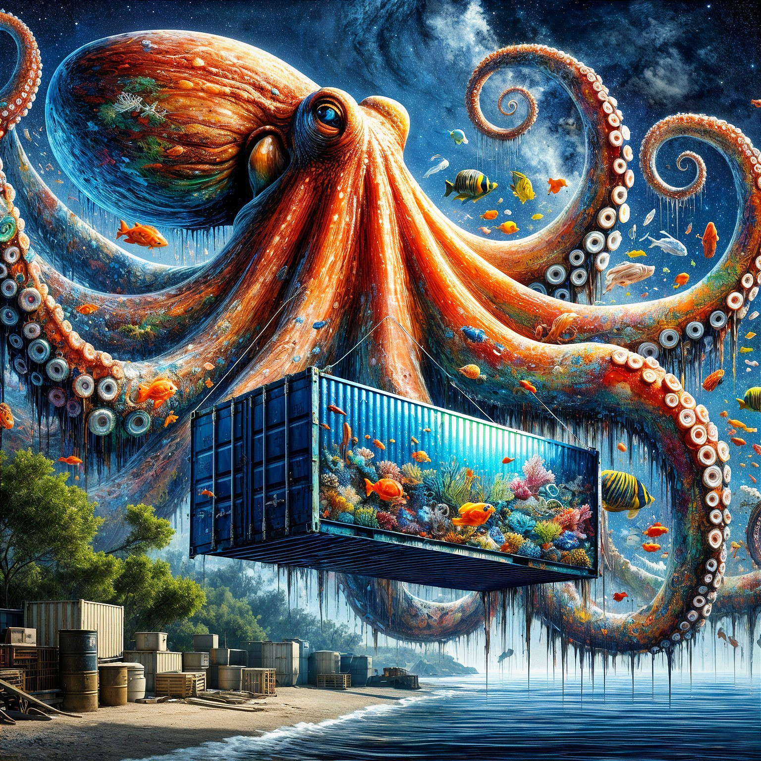 Giant Octopus Interacts with Shipping Container and Coral