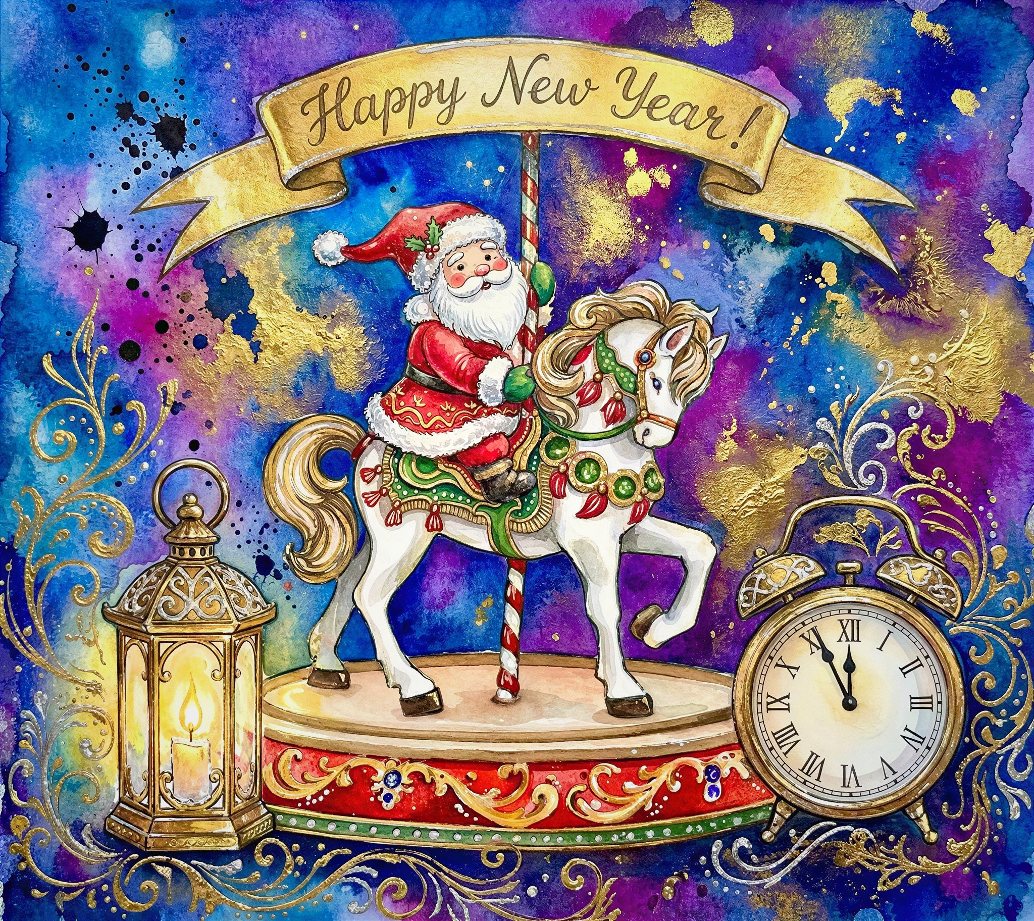 New Year Watercolor Illustration with Santa Claus