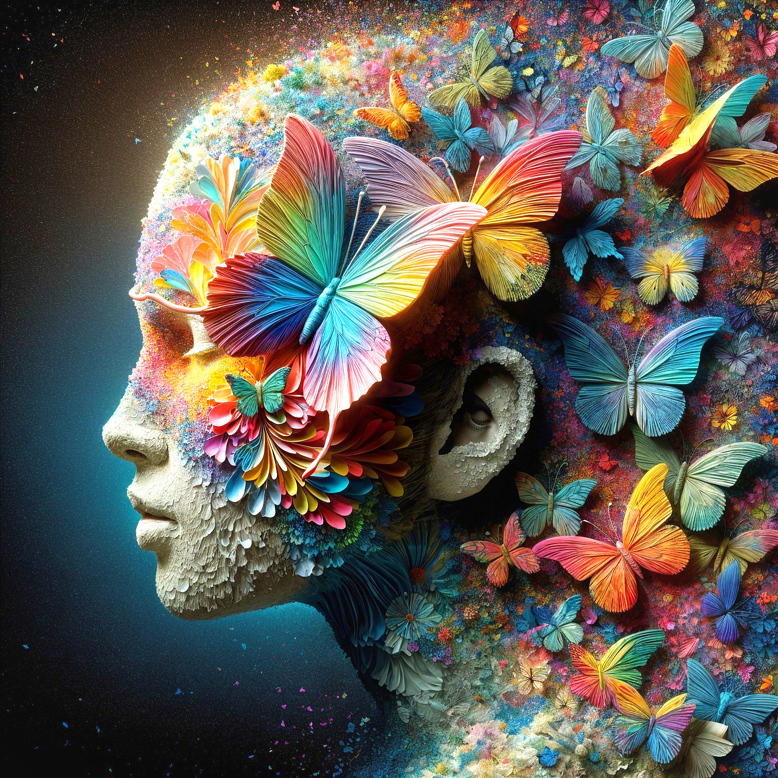 Vibrant Surreal Portrait with Butterflies and Flowers