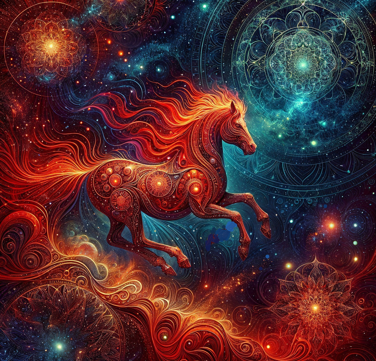 Majestic Horse in a Cosmic Landscape with Mandalas