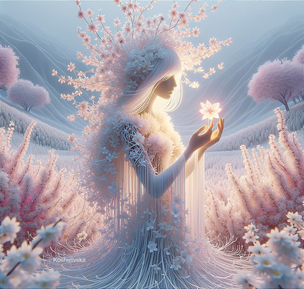 Ethereal Figure in Dreamlike Floral Landscape