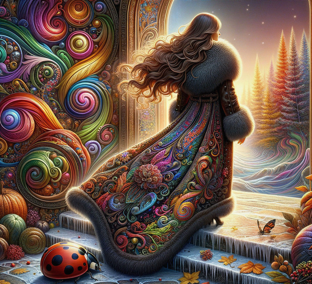 Woman at Vibrant Doorway in Autumn Landscape