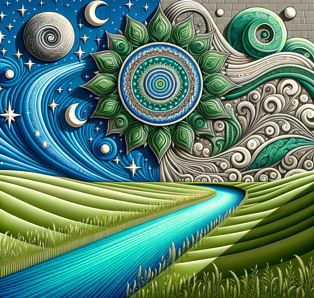 Vibrant Landscape with Nature and Abstract Design Elements