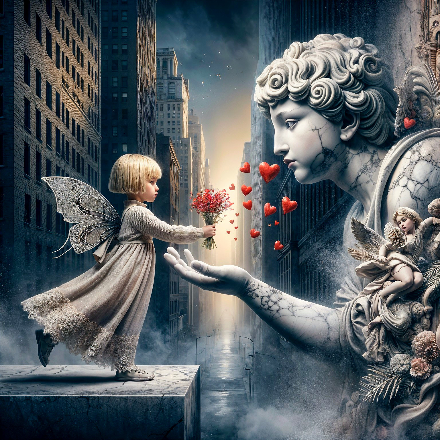 Fairy-like girl offers flowers to angel statue in city