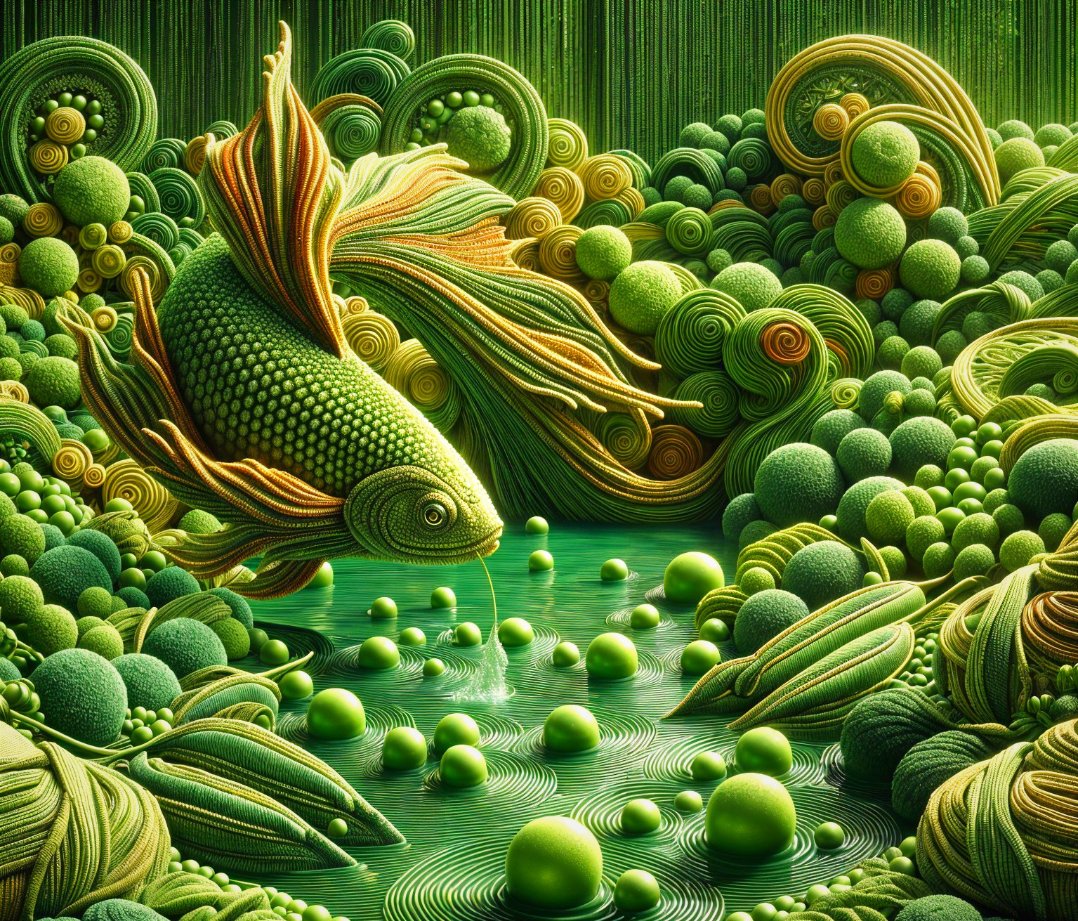 Vibrant Surreal Underwater Scene with Goldfish and Spheres