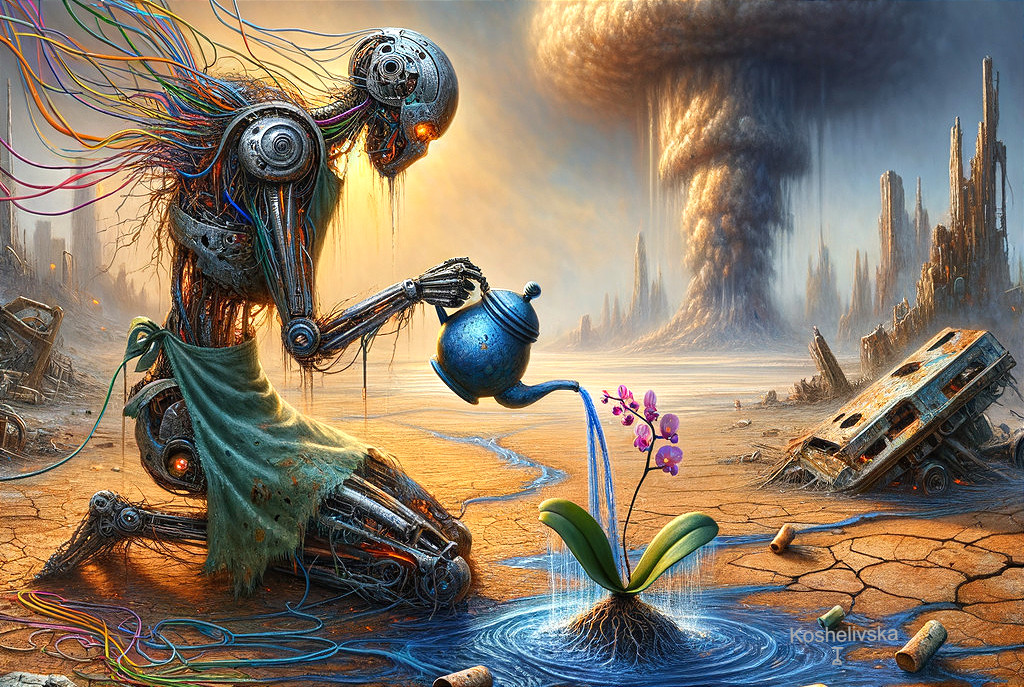 Dystopian Scene of Cyborg Nurturing Orchid Amid Ruins