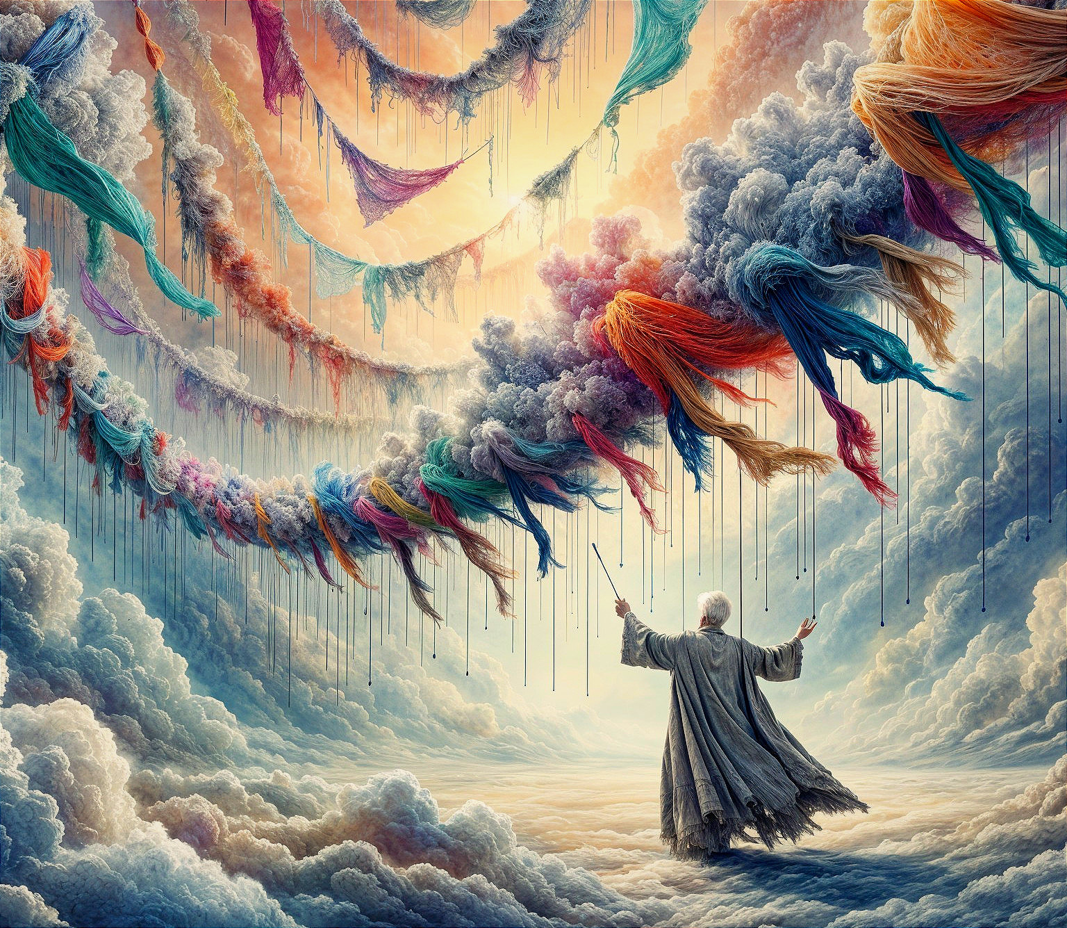 Surreal Scene of a Figure Among Colorful Clouds