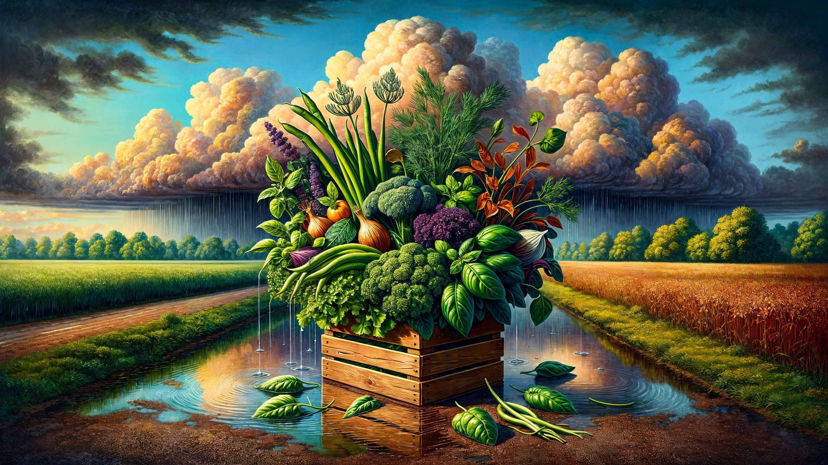 Surreal Scene of Vegetables in a Wooden Crate