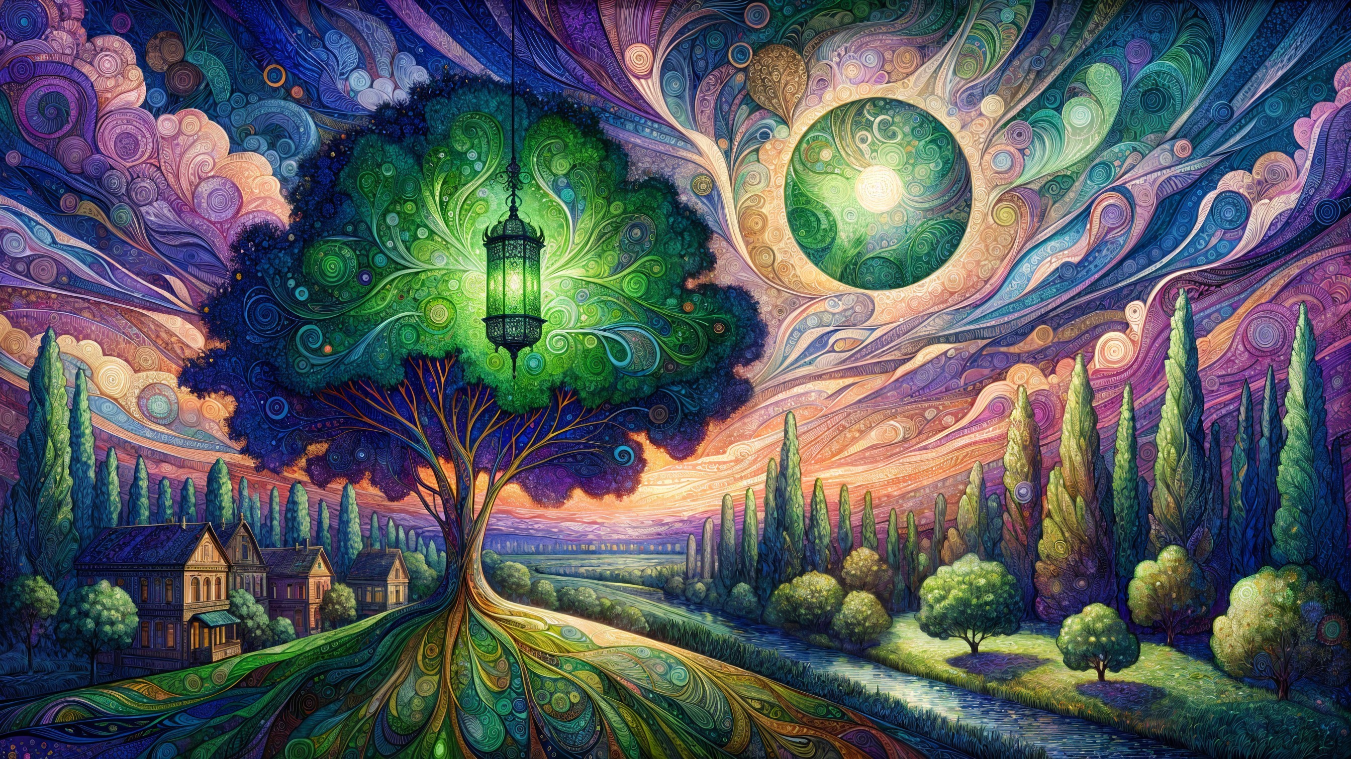 Surreal Landscape with Vibrant Colors and Trees