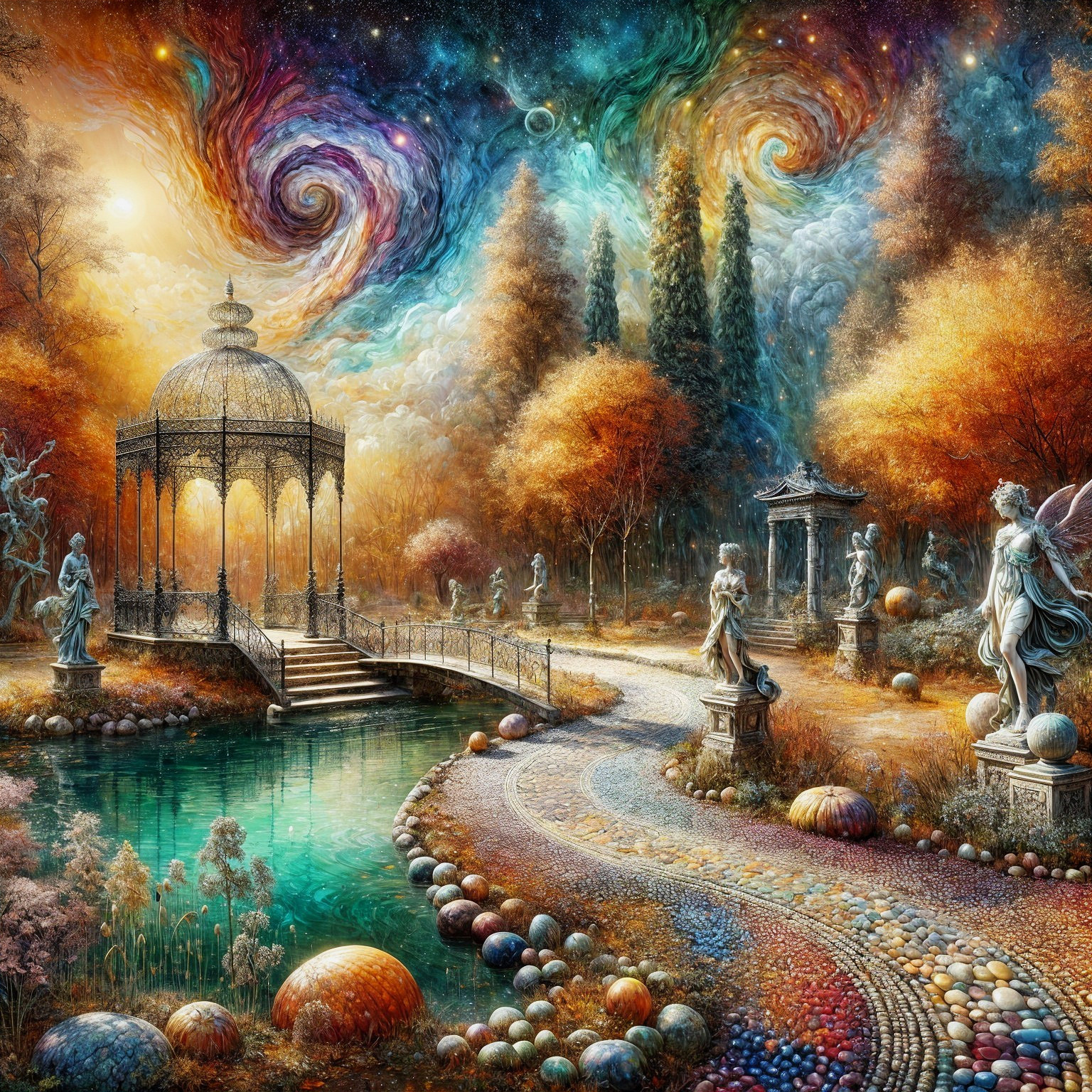 Vibrant Dreamlike Garden with Gazebo and Cosmic Sky