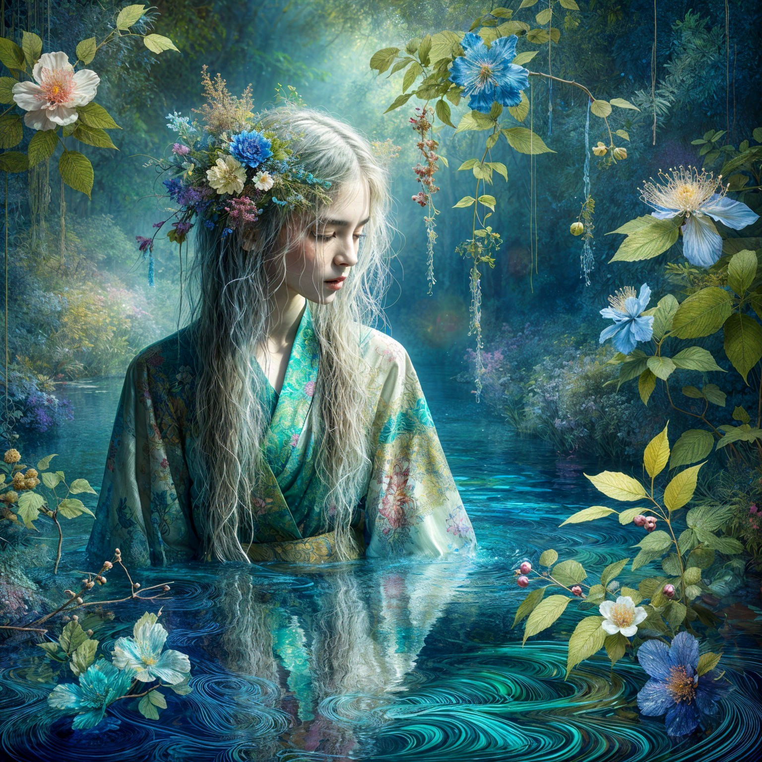 Serene figure in flowing kimono surrounded by nature