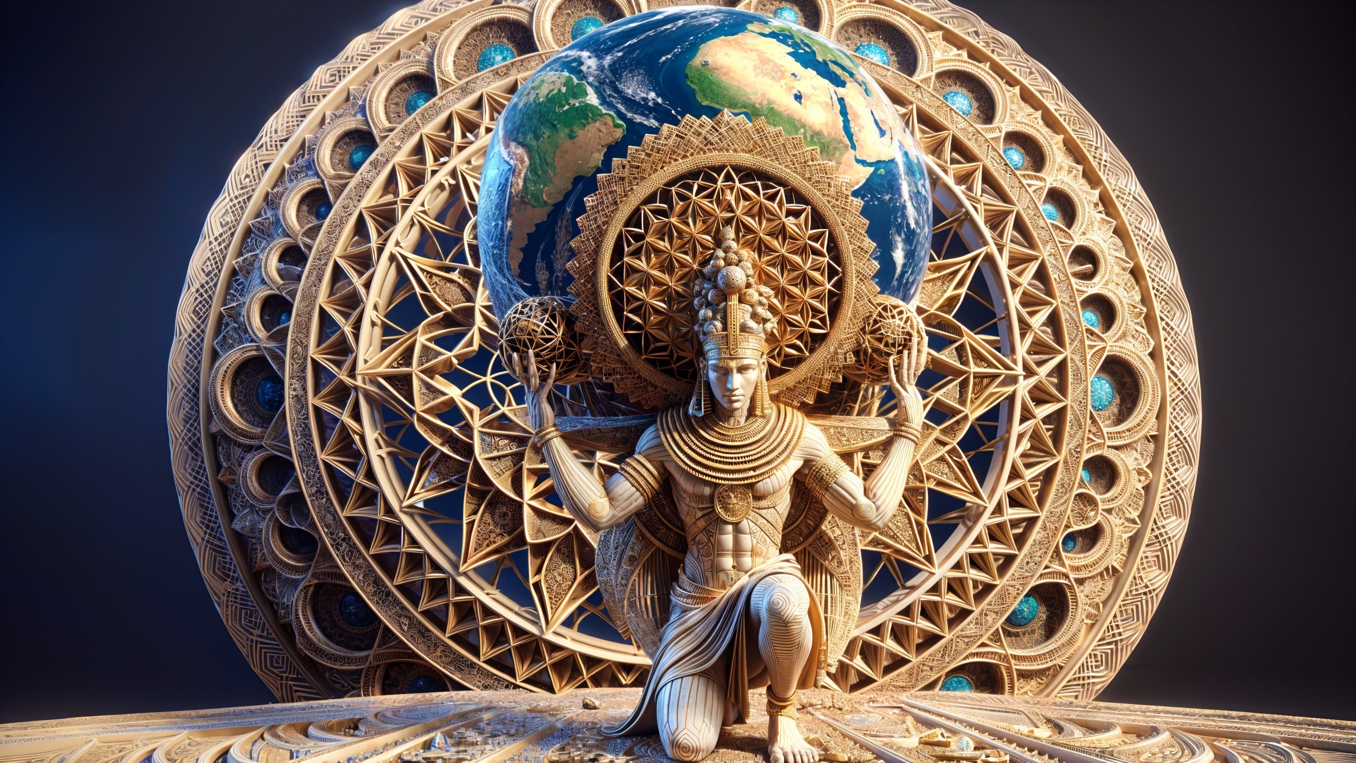 Deity Figure Supporting Globe with Cosmic Patterns