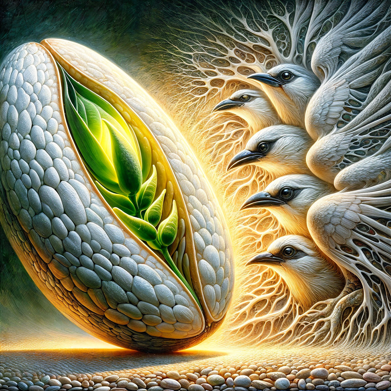 Cracked Egg with Leaves and Watching Birds in Surreal Scene