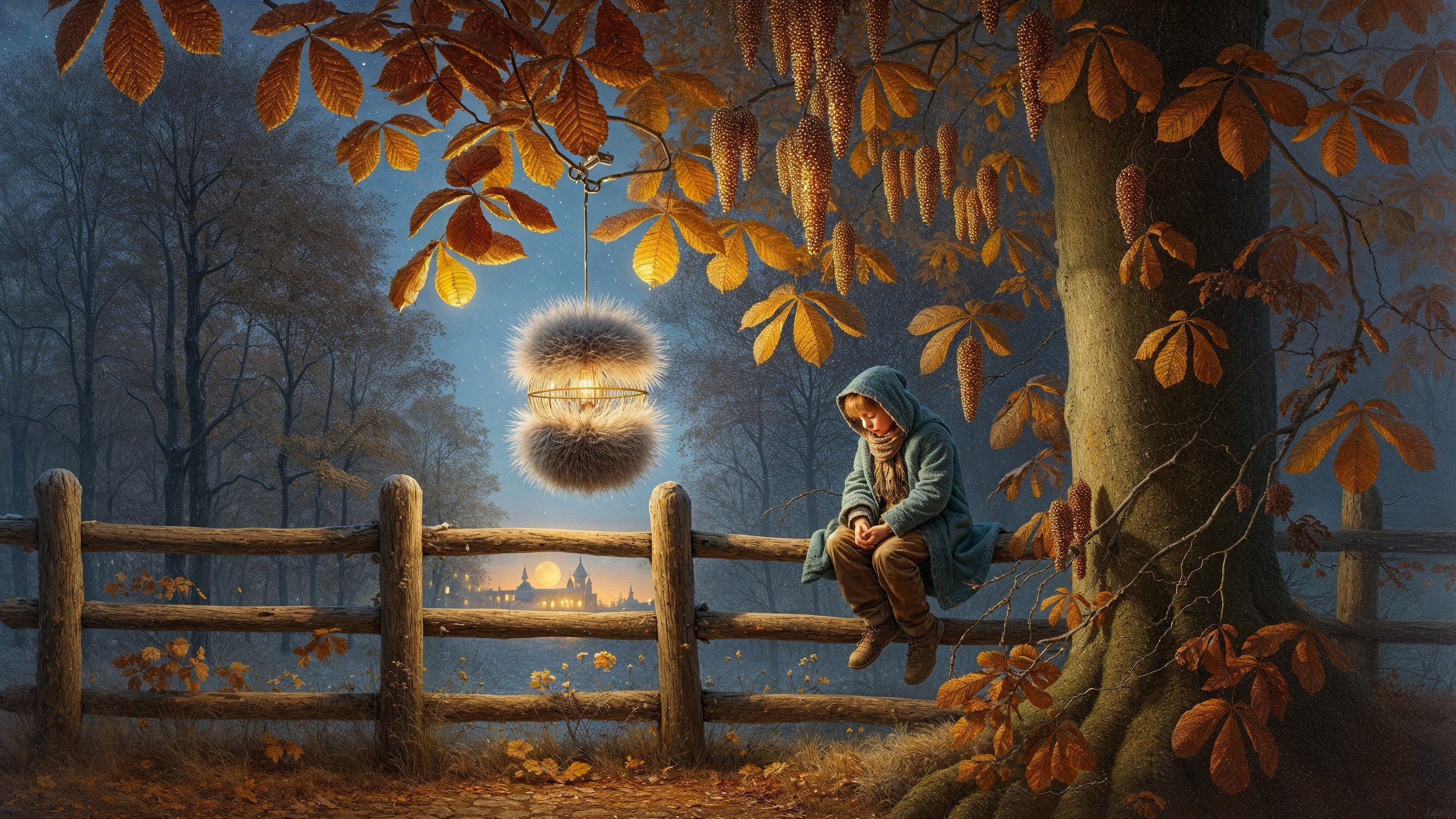 Autumn Landscape with Figure in Blue Cloak and Village