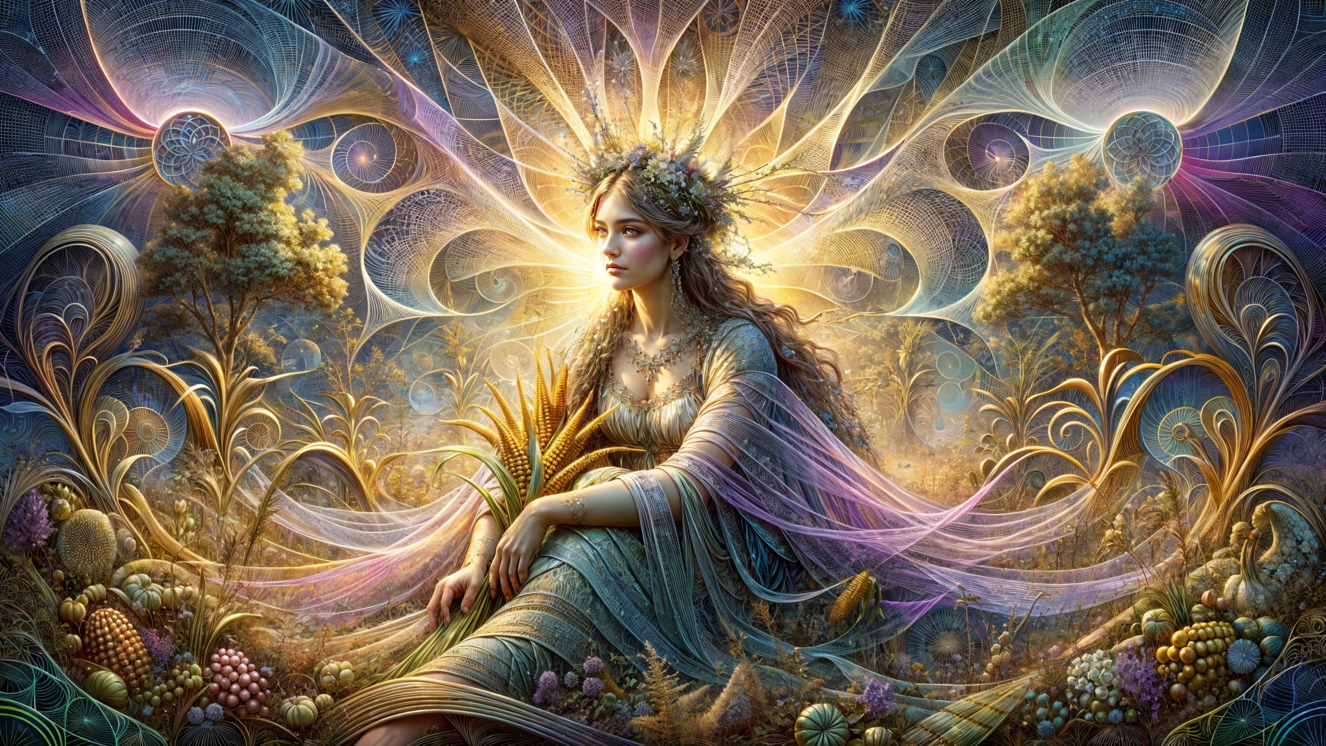 Serene figure in an ethereal landscape with light patterns