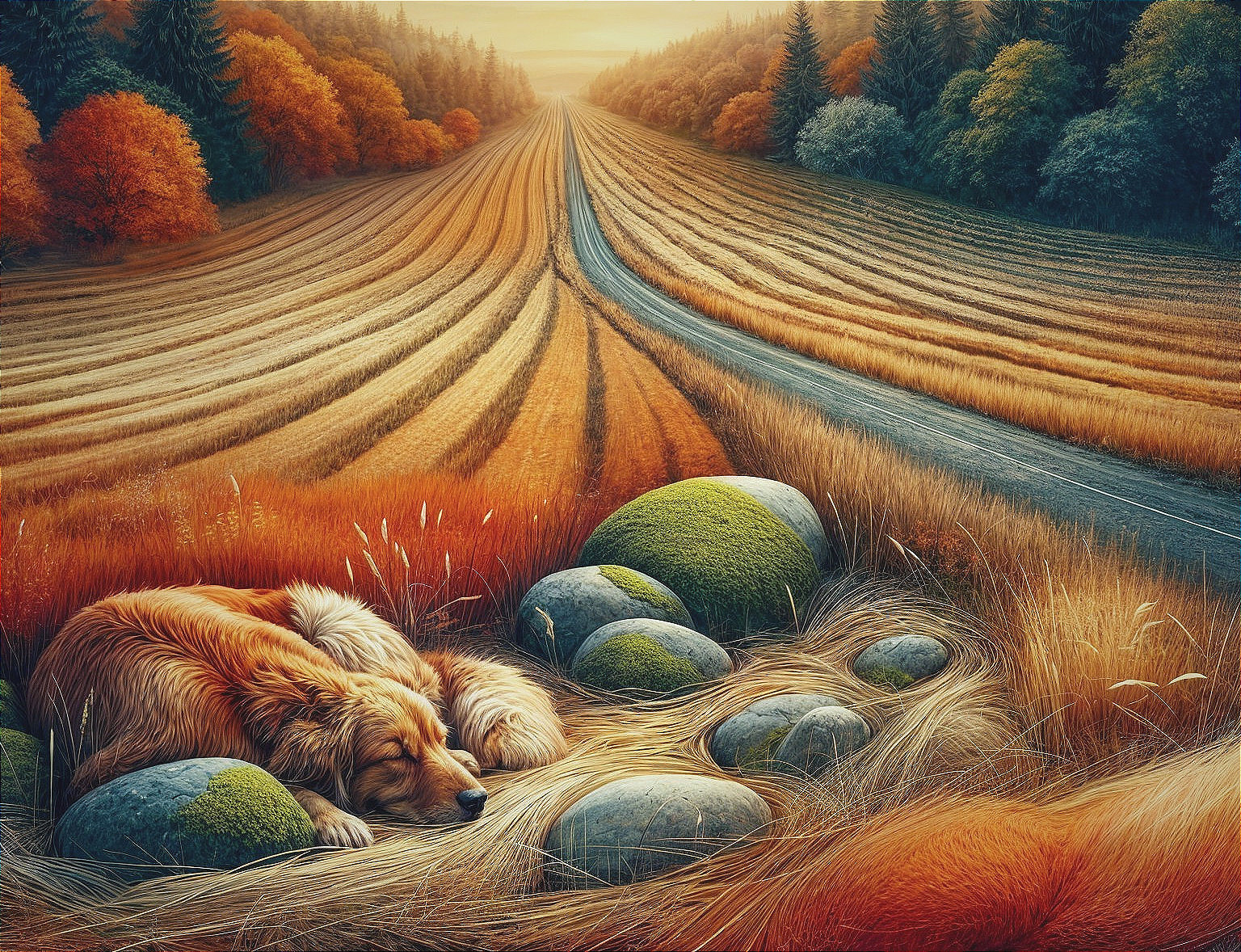 Autumn Landscape with Sleeping Dog and Vibrant Foliage