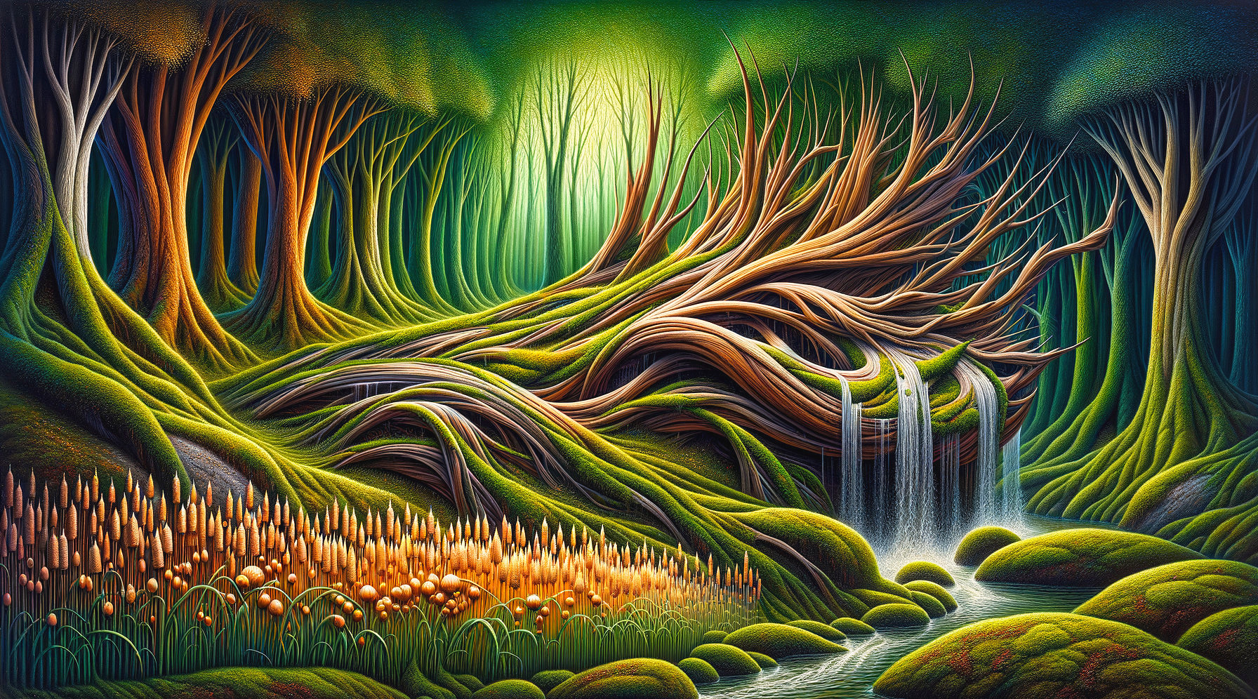 Vibrant Fantasy Forest with Lush Foliage and Stream