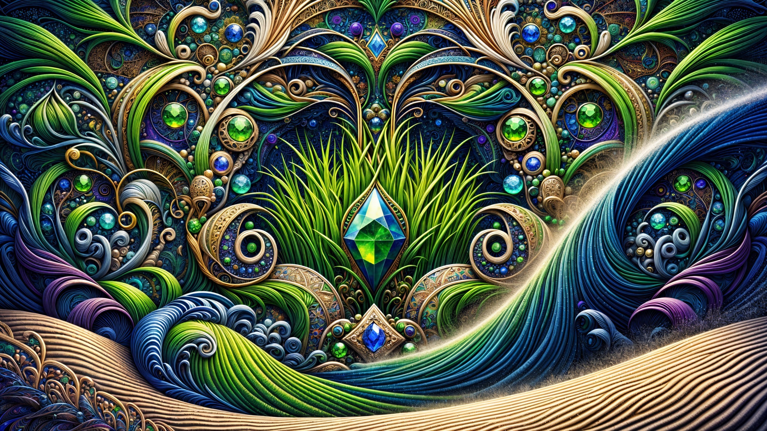 Intricate Design with Swirling Patterns and Gem Elements