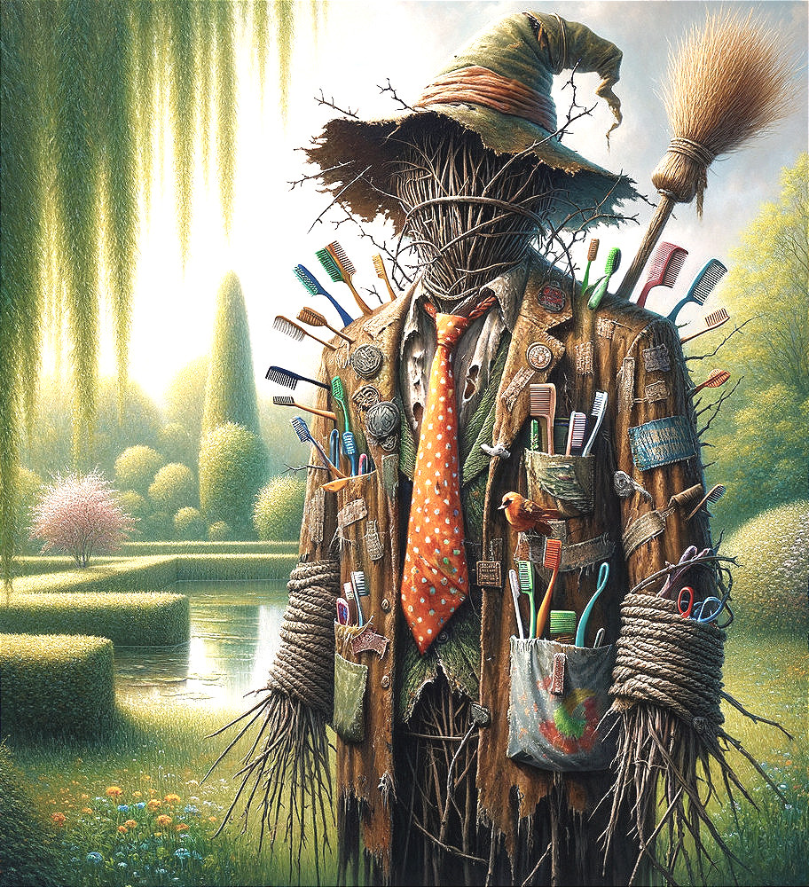 Whimsical Scarecrow in a Serene Landscape Setting