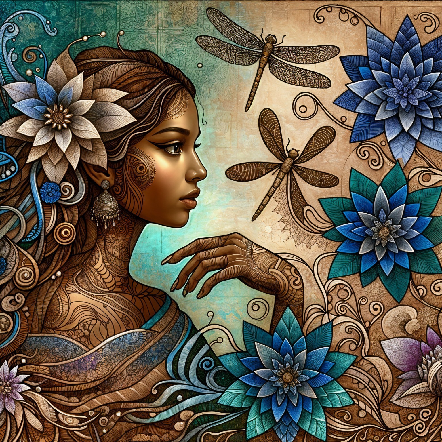 Intricate profile illustration of a woman with flowers