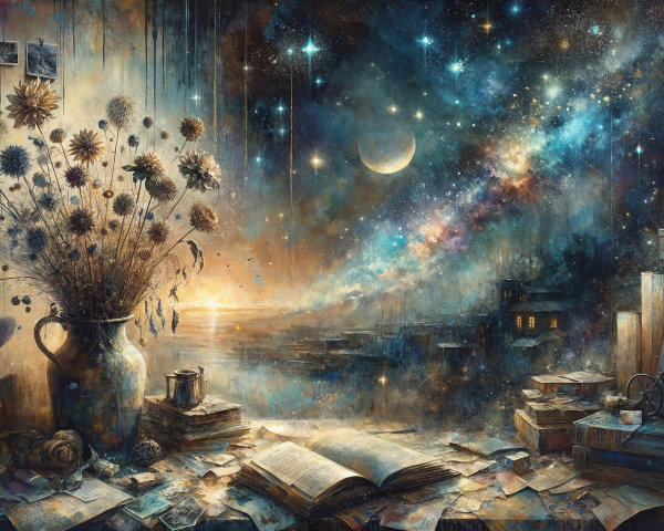 Whimsical Study with Cosmic Sky and Ethereal Light