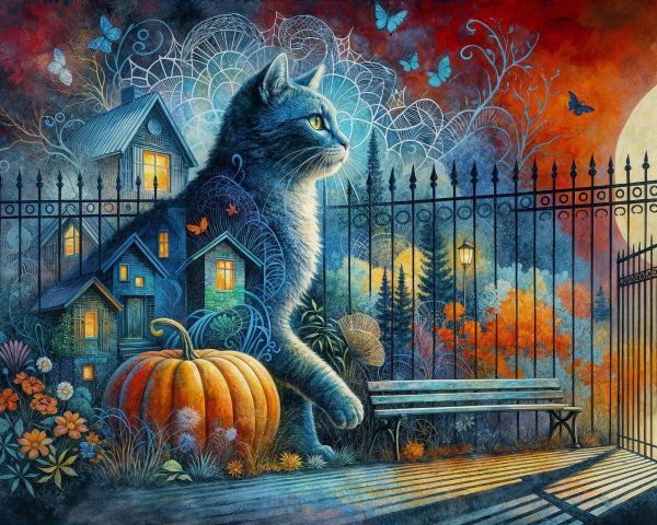Majestic Cat and Pumpkin in Colorful Autumn Scene