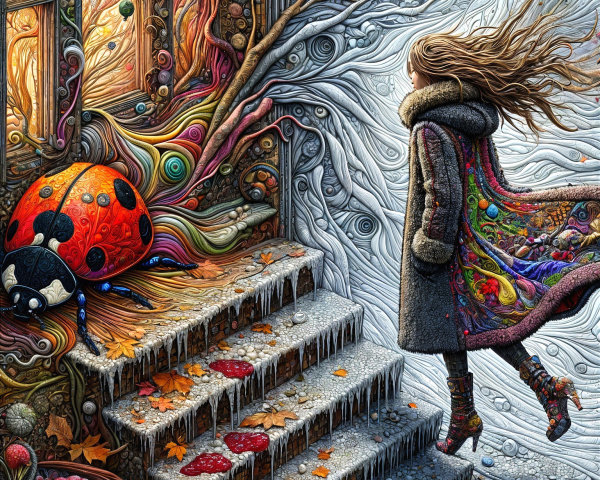 Whimsical Scene of Girl at Frosty Steps and Doorway