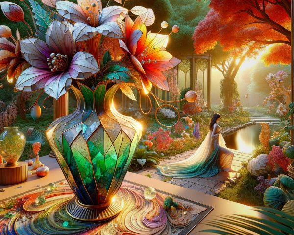 Vibrant garden scene with ornate vase and serene figure