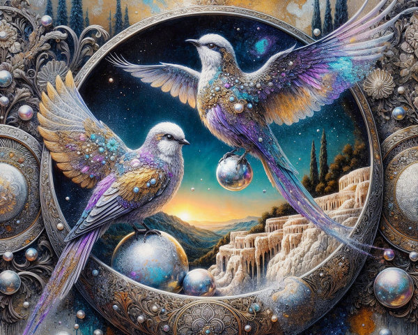 Ethereal Birds in Ornate Frame with Vibrant Landscape