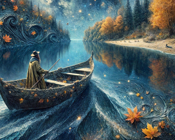 Autumn River Scene with Stars and Reflection