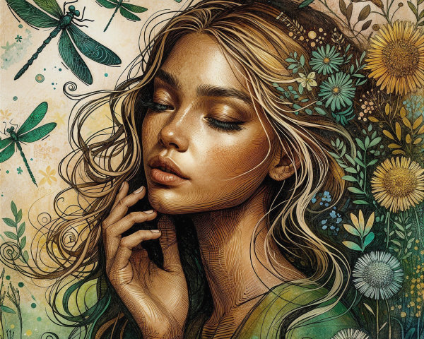 Illustrated Portrait of Woman with Nature Elements