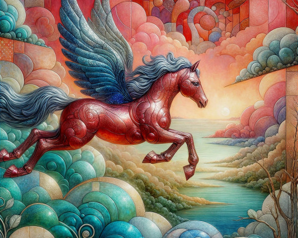 Surreal Landscape with Red Winged Horse and Clouds