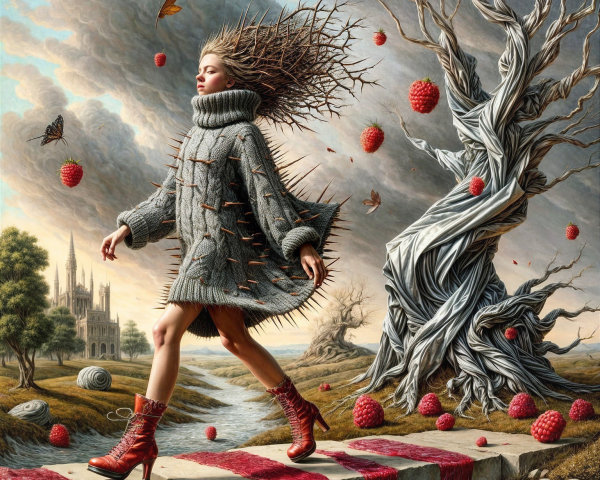 Surreal Landscape with Woman in Oversized Sweater