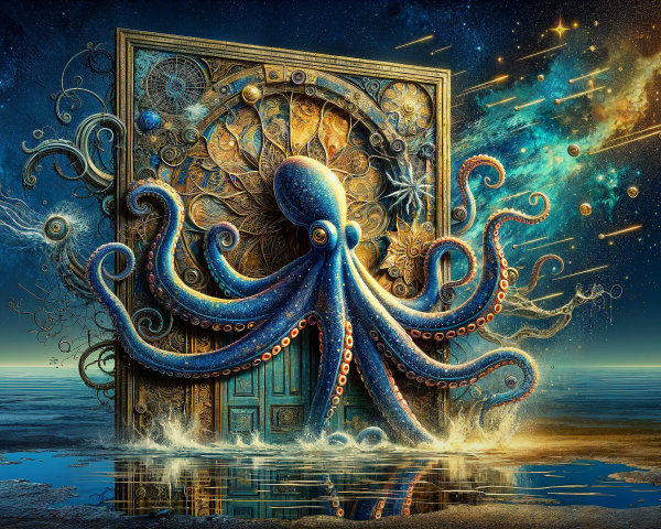 Vibrant Blue Octopus at Mystical Door in Cosmic Scene