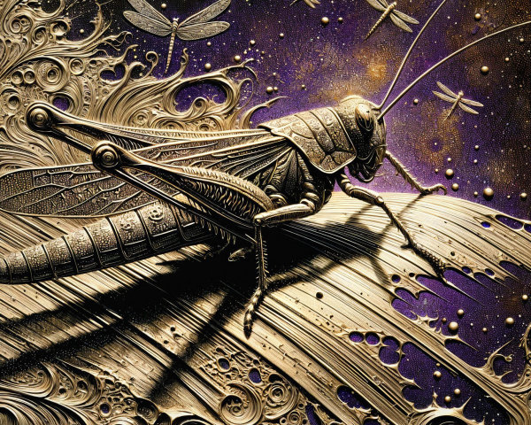 Surreal Metallic Grasshopper on Cosmic Wave Scene