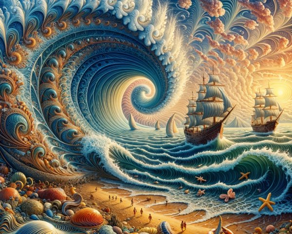 Vibrant Ocean Scene with Ships and Serene Beach