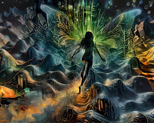 Surreal landscape with glowing figure and mystical elements