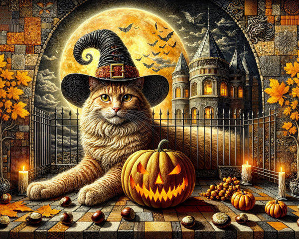 Whimsical Halloween Scene with Cat and Pumpkin