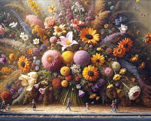 Oversized Floral Mural with Colorful Blooms and Pathway