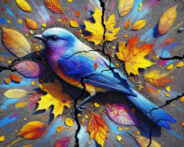 Bluebird and Autumn Leaves on Cracked Pavement